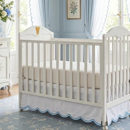 Brandream 100% Organic Cotton Crib Skirt for Baby Boy & Girl, Embroidered Blue Scalloped Edge Crib Dust Ruffle, Soft Breathable Nursery Bedding Decoration, Fits Standard Cribs & Toddler Bed, 16" Drop
