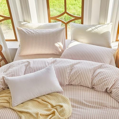 Striped Duvet Cover Set Queen Size 100% Washed Cotton Linen Feel 3 Piece Bedding Set Comfy Breathable (Queen, Classic Stripe-Greyish Pink/White)