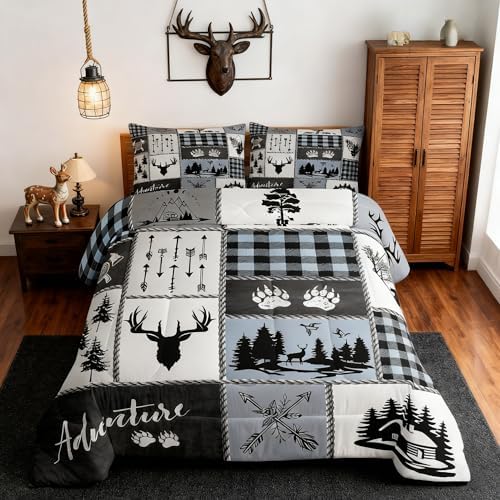 Deer Bear Kids Comforter Set Full Size,Hunting Adventure Rustic Farmhouse Bedding Set for Boys Girls Adults Room Decor,Geometric Plaid Patchwork Down Comforter,Blue Xmas Duvet Insert,2 Pillowcases