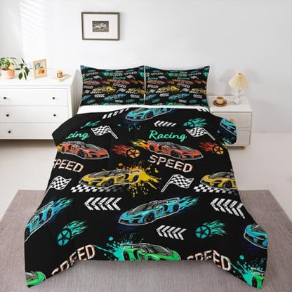 Erosebridal Cartoon Sports Car Comforter for Kids Boys Girls,Colorful Racing Car Toddler Bedding Set,Extreme Sport Games Duvet Insert,Cool Speed Cars Quilt Bedroom Decor