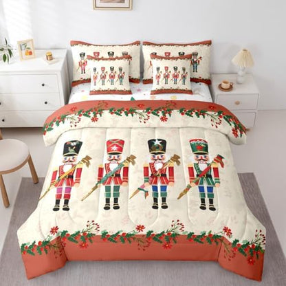 Erosebridal Nutcracker 7 Piece Bedding Set King Soldier Comforter Set with Sheets Xmas Holiday Bed in a Bag Christmas Red Flowers Cute Cartoon Bed Sets Comforter