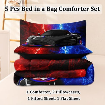 5 Pcs Twin Car Bedding Sets for Boys Teen, Red Blue Lightnings Car Twin Comforter Set for Boys, Twin Boy Bedding Set