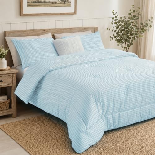 King Comforter Set, Fluffy Seafoam Gingham Plaid Bedding, 3 Pieces