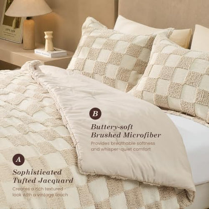 Sasttie Checkered Comforter Queen Set, 3 PC Boho Bedding, Tufted Bed, Beige