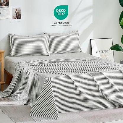 JELLYMONI 100% Cotton Queen Sheet Set, Gray Striped