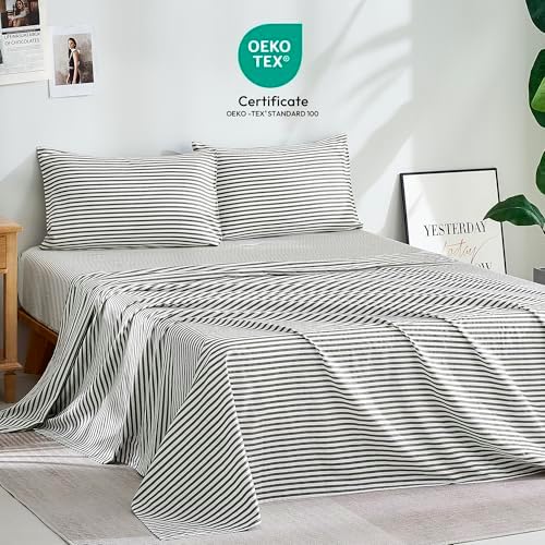 JELLYMONI 100% Cotton Twin Sheet Set, Gray Striped