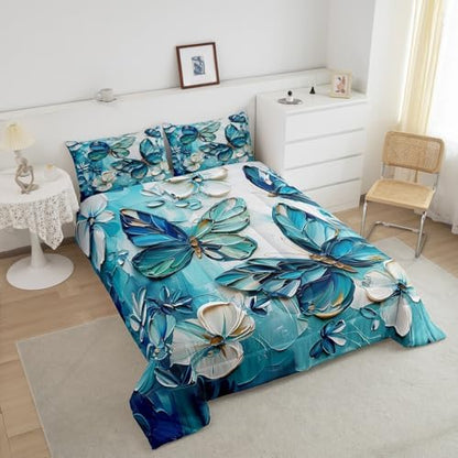 jejeloiu Teal Blue Butterfly Comforter Set Toddler Size Kids Oil Painting Bedding Set for Boys Girls Teens Boho Butterfly Duvet Breathable Animal Quilt Bedroom Decor,1 Comforter with 1 Pillowcase