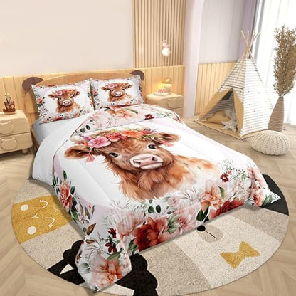 Feelyou Cute Highland Cow Comforter Set Twin Size Boys Girls Teens
