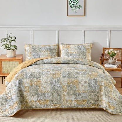 Mybedsoul Yellow Boho Quilt Queen Size, Patchwork Floral Bedding Set