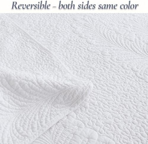 Cozy Line Home Fashions White Cotton Quilt Set Queen – 3-Piece Quilted Botanical Stitch Bedspread with Shams, Elegant All Season Bedding