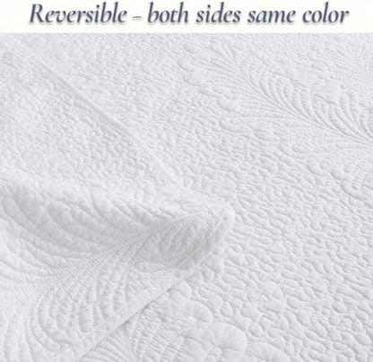 Cozy Line Home Fashions White Cotton Quilt Set Queen – 3-Piece Quilted Botanical Stitch Bedspread with Shams, Elegant All Season Bedding