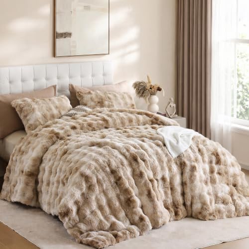 YIKUSH Twin Faux Fur Soft Comforter Set, Fluffy Bedding Set, Tiedye Beige