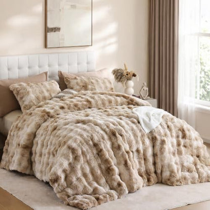 YIKUSH King Faux Fur Soft Comforter Set, Fluffy Bedding Set, Tiedye Beige
