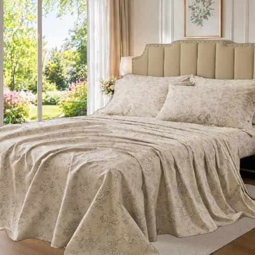 FADFAY Luxury Percale Cotton Sheet Set Twin Cotton 4 Piece Floral Bedding, Crisp Cool Hotel-Style Sheets, Vintage Botanical Garden Print, Deep Pocket Fitted Sheet, French Country Chic