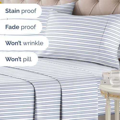 Queen 4 Piece Striped Sheet Set - Soft & Cooling - Blue Double Stripes