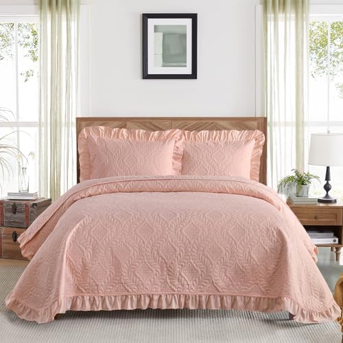 DJY Queen Size Quilt Sets, Ruffled Bedding Set, Blush Pink