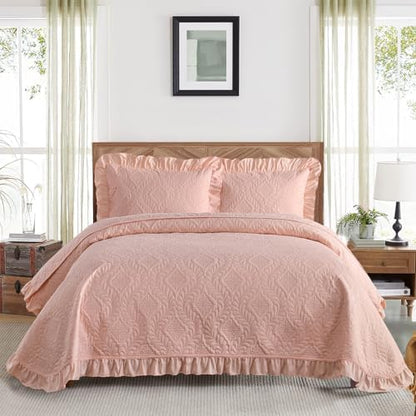 DJY Queen Size Quilt Sets, Ruffled Bedding Set, Blush Pink