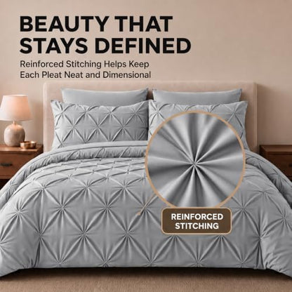 HIMEET King Size Comforter Set Light Grey - 7 Pieces Pintuck Bed in a Bag