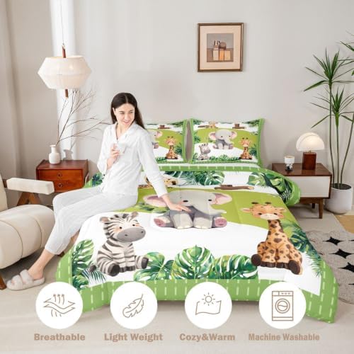 Feelyou Cartoon Animals Comforter Set Full Size Cute Elephant Zebra Leopard Giraffe Bedding Set for Kids Boys Girls Palm Leaves Duvet Quilt Bedroom Decor Microfiber 3 Pcs with 2 Pillow Cases