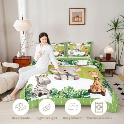 Feelyou Cartoon Animals Comforter Set Full Size Cute Elephant Zebra Leopard Giraffe Bedding Set for Kids Boys Girls Palm Leaves Duvet Quilt Bedroom Decor Microfiber 3 Pcs with 2 Pillow Cases