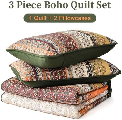 WONGS BEDDING Boho Queen Quilt Set, 3 Pieces Bedspread, Orange Green