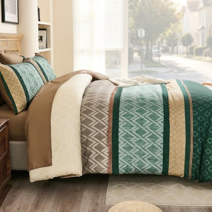 Striped Comforter Set Queen Size,Green and Brown Boho Bed in a Bag