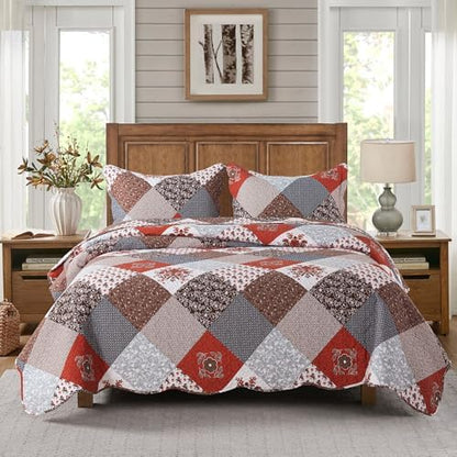 HoneiLife Quilt Set Queen Size - 3 Piece Microfiber Bedspread Reversible Coverlet Patchwork Bedding Set Lightweight Bedcover Floral Bedspreads All Season Quilts-Amaranth Red