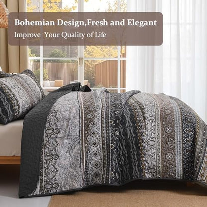 WONGS BEDDING Boho Quilt Queen Size,3 Pcs Bedspread Set, Brown