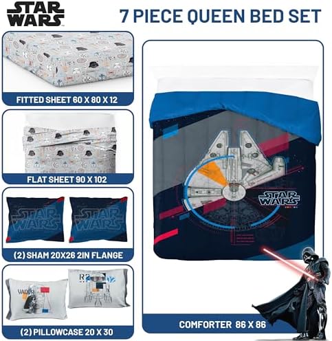 Star Wars Queen Comforter Set 7 Piece Soft Bedding for Boys, Dark Blue