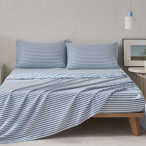 JELLYMONI 100% Cotton Sheet Set, Dusty Blue Striped, Queen