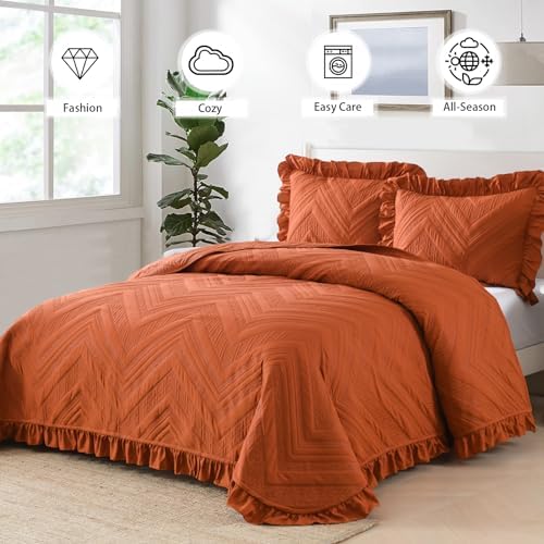 DJY Fall King Quilt Bedding Set, Burnt Orange Ruffled Bedspread Coverlet