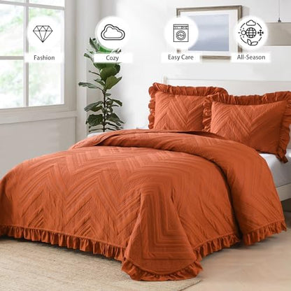 DJY Fall King Quilt Bedding Set, Burnt Orange Ruffled Bedspread Coverlet