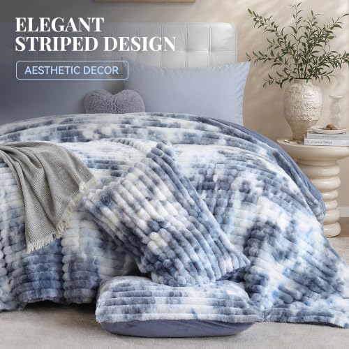 Smoofy Fluffy Twin Size Comforter 2 PCS - Tie Dye Blue Fleece Bedding Set