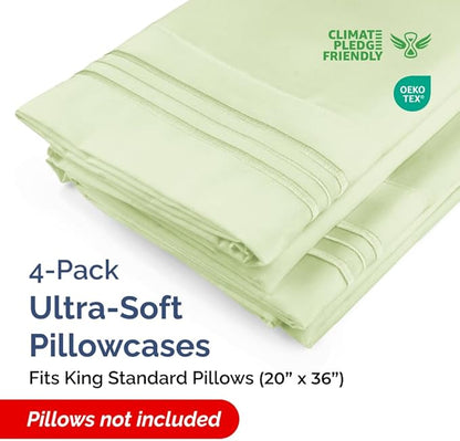 King Standard Pillow Cases Set of 4 - Soft Hotel Quality Pillowcase Covers - Comfy Bedding for Women, Men, Kids & Teens - Machine Washable Pillow Protectors - 4 Piece - King Standard Light Sage Green