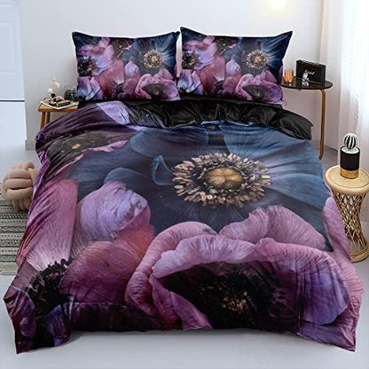 Flower Print Duvet Cover Queen Size Gray Color Comforter Covers and Pillow Shams Art Floral Deco Bedroom Bedding Set Girls Bed Set