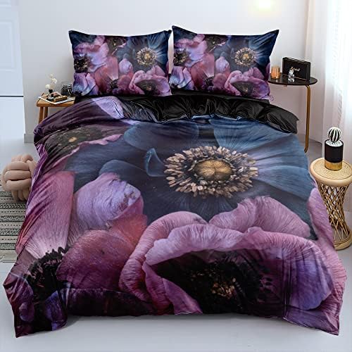 Flower Print Duvet Cover Full Size Gray Color Comforter Covers and Pillow Shams Art Floral Deco Bedroom Bedding Set Girls Bed Set