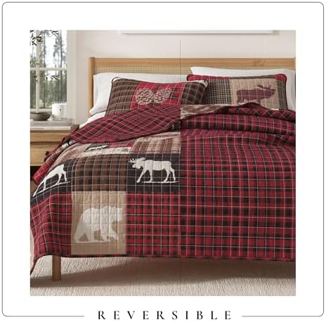 Great Bay Home Lodge Quilt Set - 3-Piece Full/Queen Size Rustic Bedding Set - Lightweight, All-Season, Reversible Bedspread (Hemlock Red/Brown)