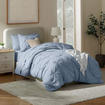 Nestl 7 Piece Twin XL Comforter Set – Stone Blue Pinch Pleated Bed in a Bag – Complete Twin XL Size Bedding Set with Sheets, Set of 2 Cooling Pillows, Pillowcase and Sham