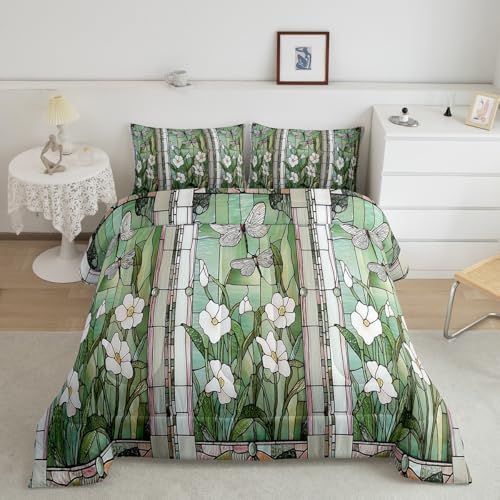 jejeloiu Stained Glass Comforter Set King Size Kids Meadow Floral Flower Bedding Set for Boys Girls Teens Spring Theme Duvet Breathable Butterfly Quilt Bedroom Decor,1 Comforter with 2 Pillowcase