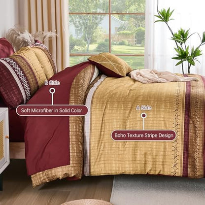 Dintszyayue Burgundy King Comforter Size Set, 8 Pieces Boho Striped Texture Bed in a Bag Sets, Lightweight Soft Bohemian Comforter and Sheet Set, All Season Microfiber Bedding Sets for Men Women