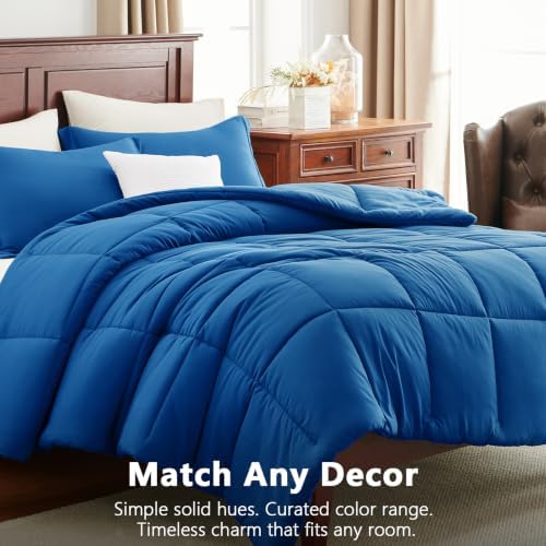 CozyLux Oversized Queen Comforter Set, 3-Piece Box-Stitched, Classic Blue