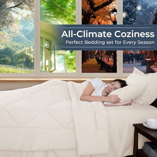 HEVUMYI 7-Piece King Comforter Set, Ivory Bed in a Bag