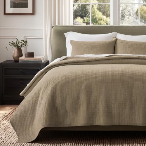 EverGrace 100% Cotton Modern Grid Stitch Quilt Set, King Size, Stone Taupe