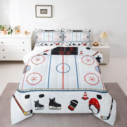 Castle Fairy Ice Hockey Rink Down Comforter Queen Size,Ice Skates Helmet Glove Bedding Sets 3Pcs for Kids Teens Woman Men Room Decor,Cartoon Quilted Duvet Sport Theme Bedspread,2 Pillowcases