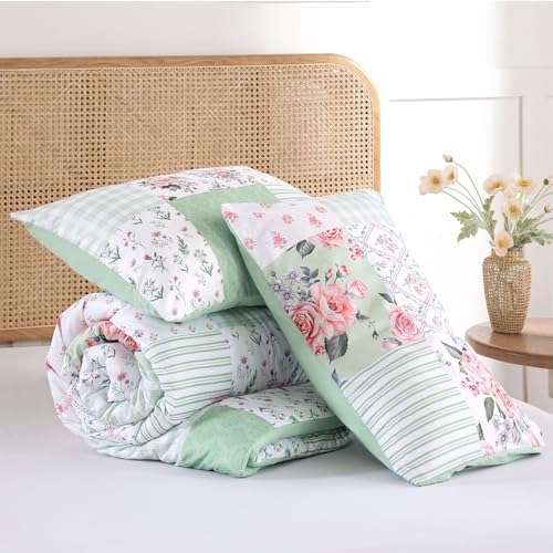 YIKUSH Green Floral Queen Comforter Set, Soft Lightweight All Season Bedding Set for Women Girls, Cozy Cottagecore Botanical Comforter Queen Size with 2 Pillow Shams, Breathable Floral Bed Set