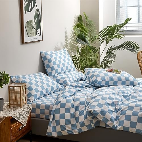 Wellboo Blue White Plaid Comforter Sets King Women Men Light Blue and White Checkerboard Grid Bedding Comforters Cotton Boys Girls Modern Dusty Blue Checkered Geometric Quilts Luxury Sky Blue Bed