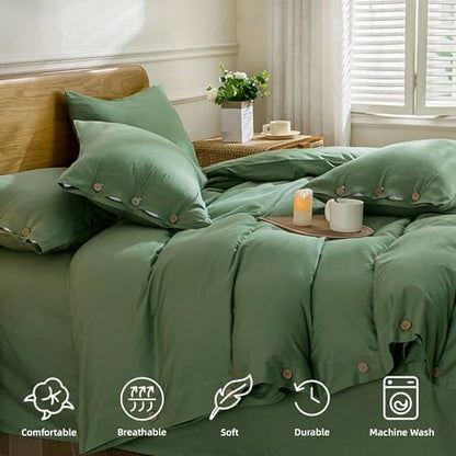 JELLYMONI Cotton Duvet Cover Full Size - Green Comforter Cover with Button 100% Washed Cotton 3PCS Breathable Soft Solid Bedding Set Duvet Cover 80×90in & 2 Pillowcases (NO Comforter)