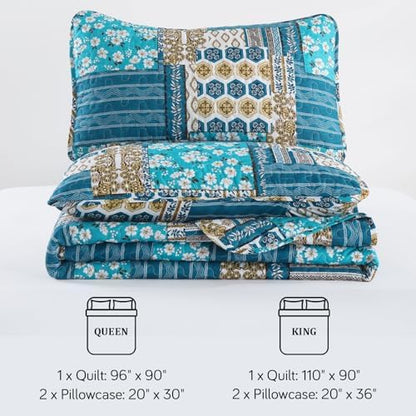 Mybedsoul Boho Quilts Queen Size, Floral Patchwork Bedding Set, Dusty Blue