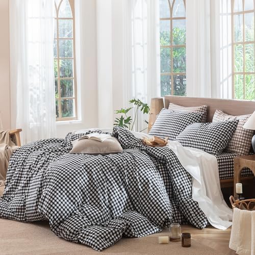 MooMee Gingham Duvet Cover Set 100% Washed Cotton Linen Like