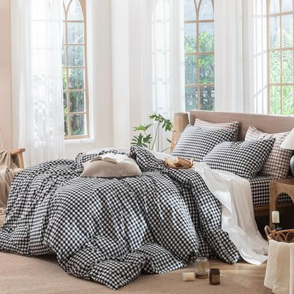 MooMee Gingham Duvet Cover Set 100% Washed Cotton Linen Like
